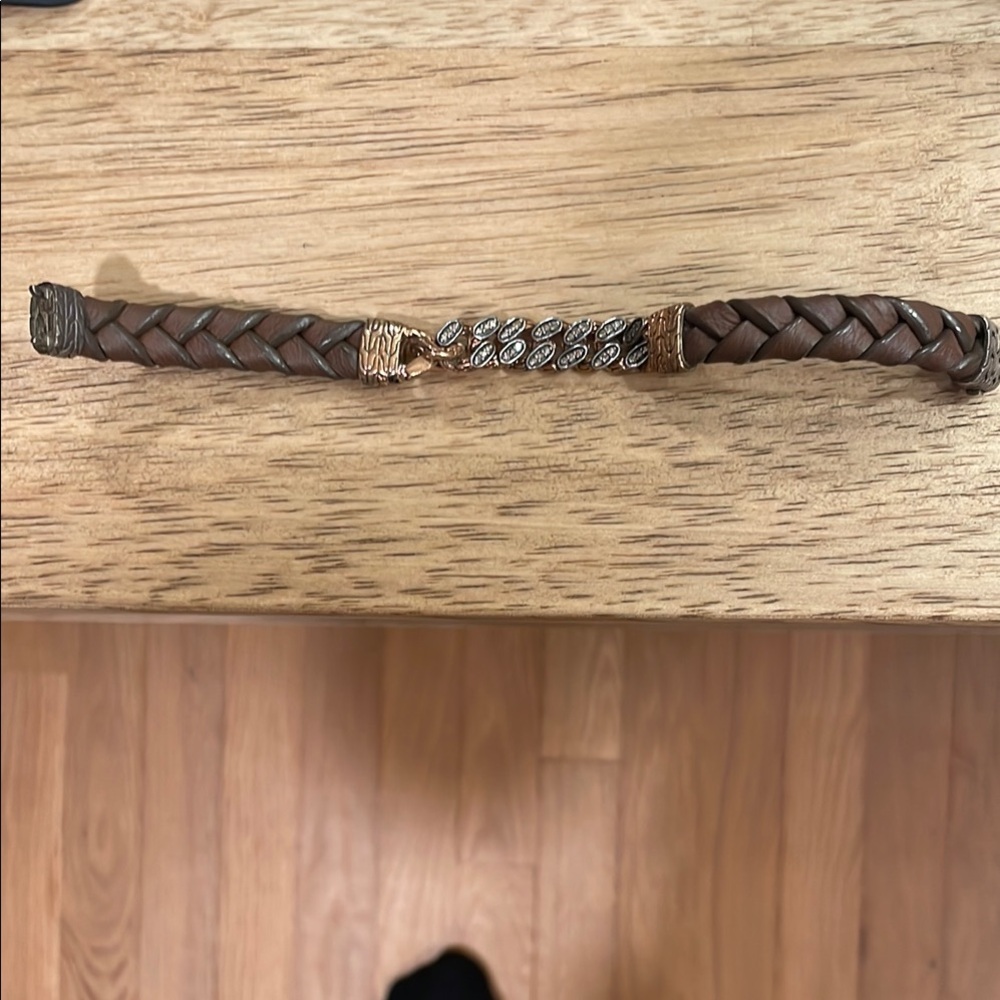 John Hardy Woven Leather Bracelet with Rose Gold and Diamonds - Picture 3 of 8
